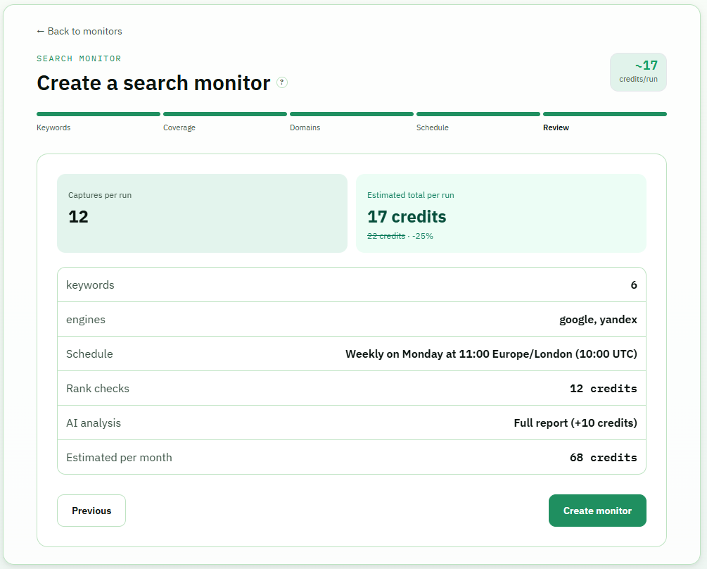 The review step of monitor creation showing captures per run, estimated credits per run, engines, schedule, and estimated monthly cost